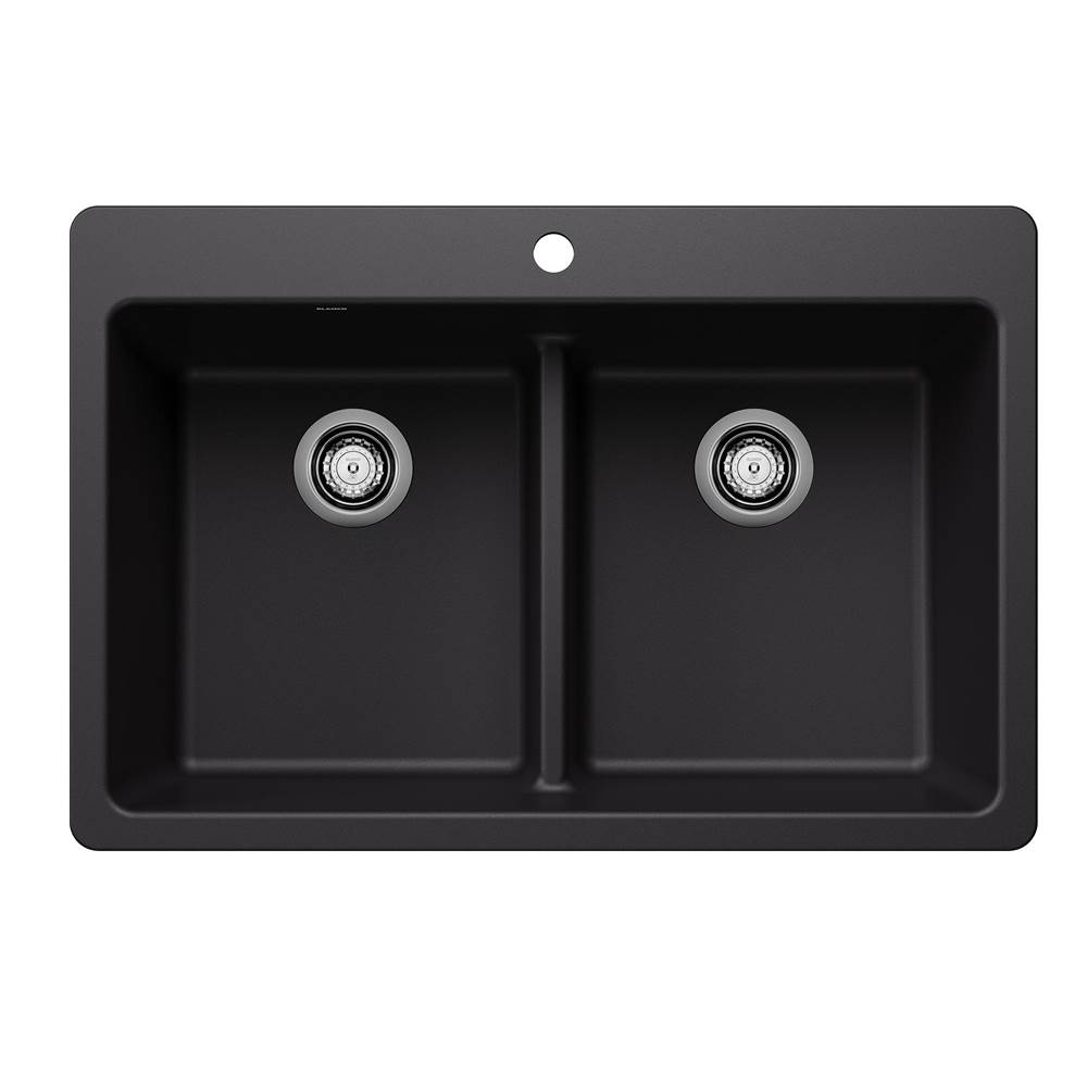 Blanco Liven SILGRANIT 33'' 50/50 Double Bowl Dual Mount Kitchen Sink with Low Divide - Coal Black