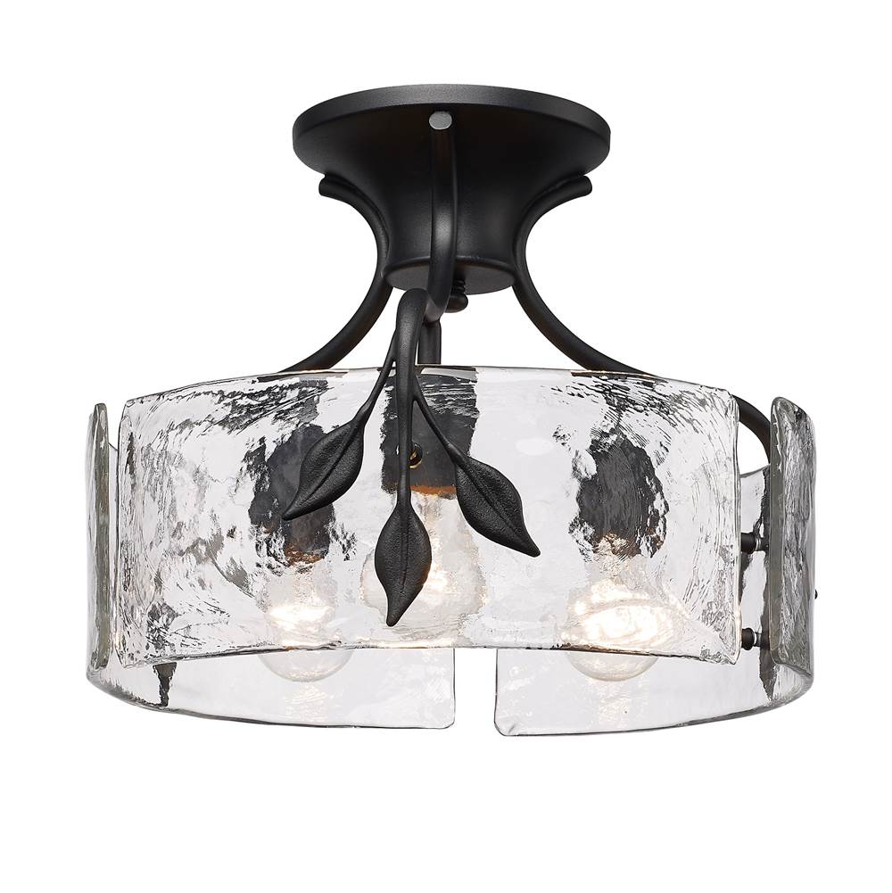 Golden Lighting Calla 3 Light Semi-Flush in Natural Black with Hammered Water Glass Shade