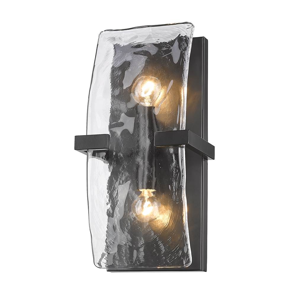 Golden Lighting Aenon 2 Light Wall Sconce in Matte Black with Hammered Water Glass Shade