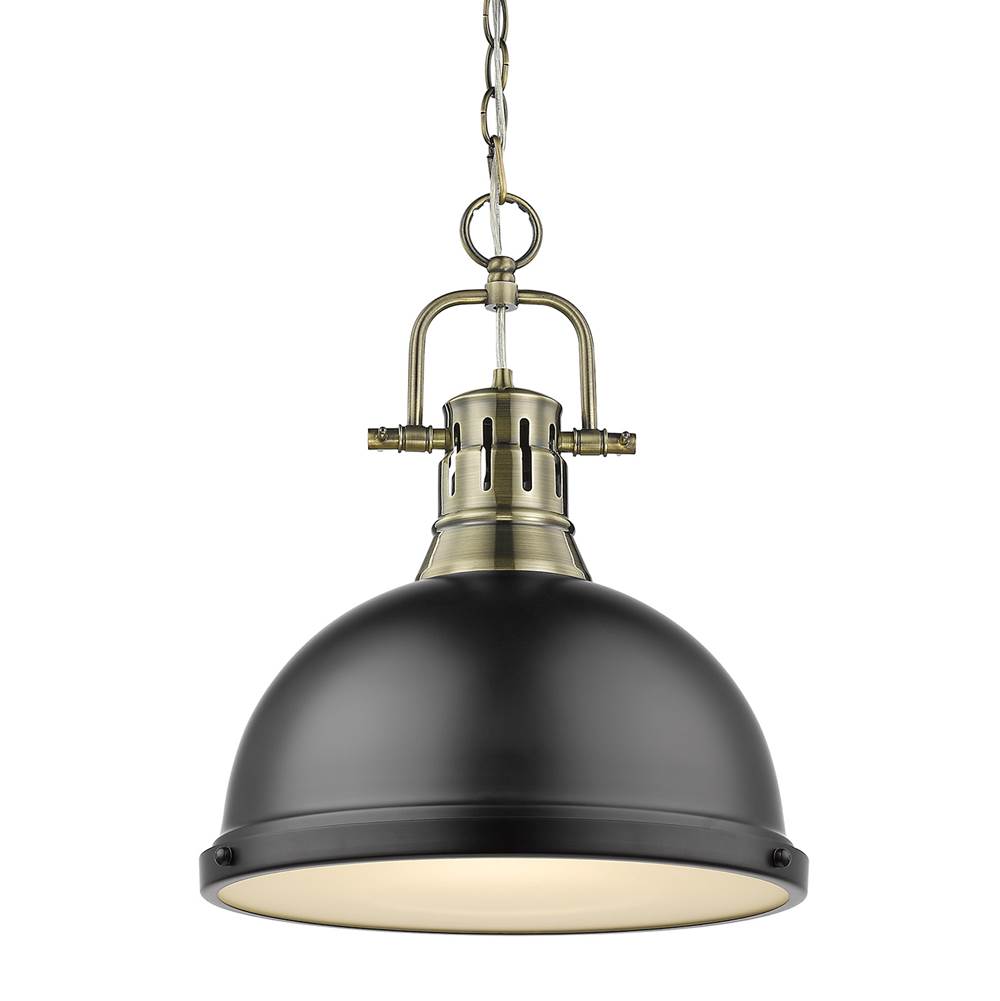 Golden Lighting Duncan 1 Light Pendant with Chain in Aged Brass with a Matte Black Shade
