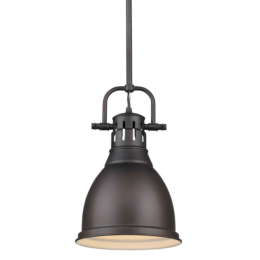 Golden Lighting Duncan Small Pendant with Rod in Rubbed Bronze with a Rubbed Bronze Shade