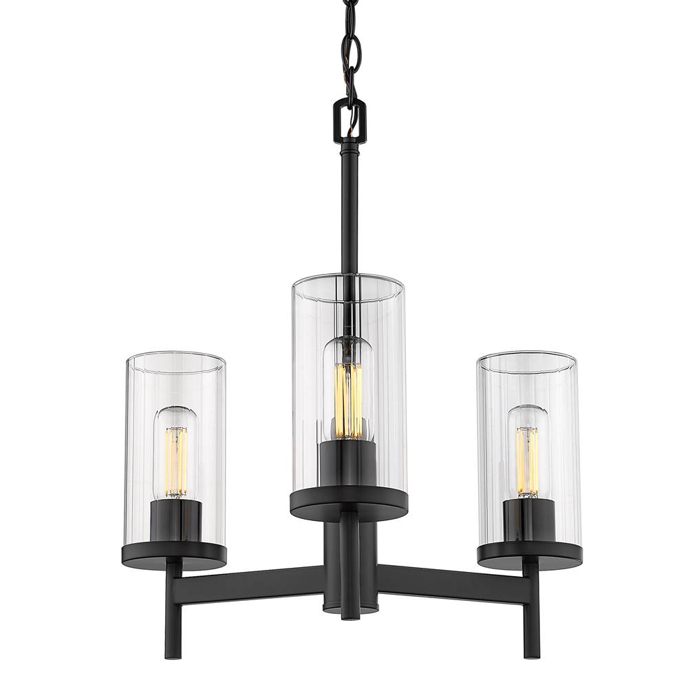 Golden Lighting Winslett 3 Light Chandelier in Matte Black with Ribbed Clear Glass Shades