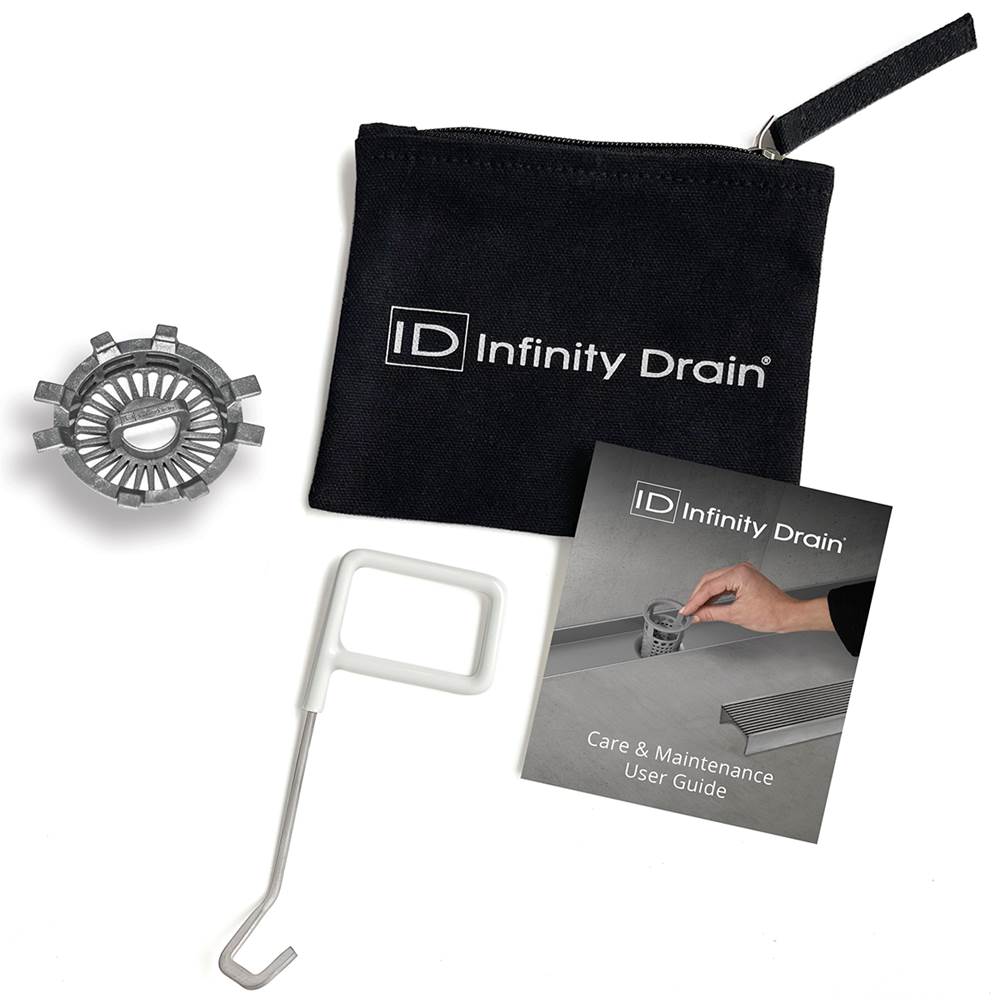 Infinity Drain Hair Maintenance Kit. Includes maintenance guide, SKEY Lift-out key, and HS 2 Hair Strainer.
