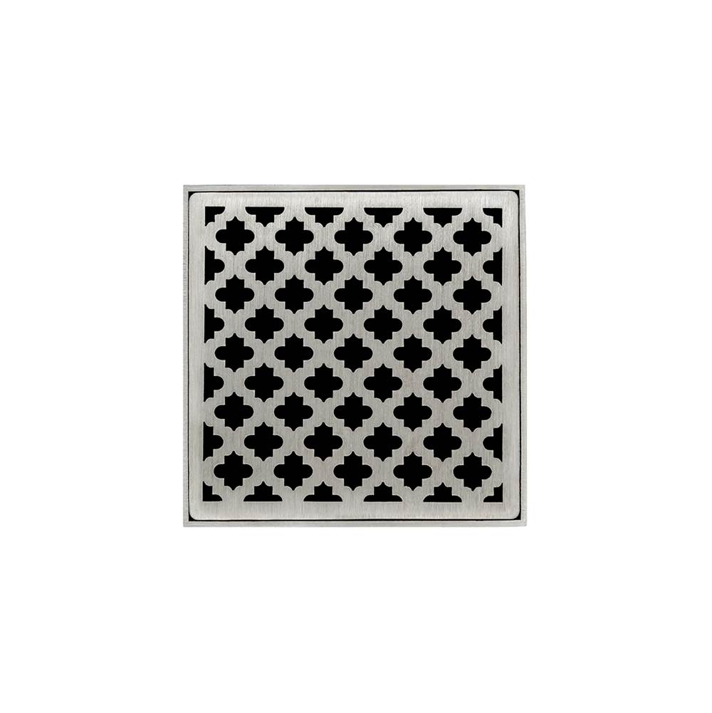 Infinity Drain 4'' x 4'' MDB 4 Complete Kit with Moor Pattern Decorative Plate in Satin Stainless with ABS Bonded Flange Drain Body, 2'', 3'' and 4'' Outlet
