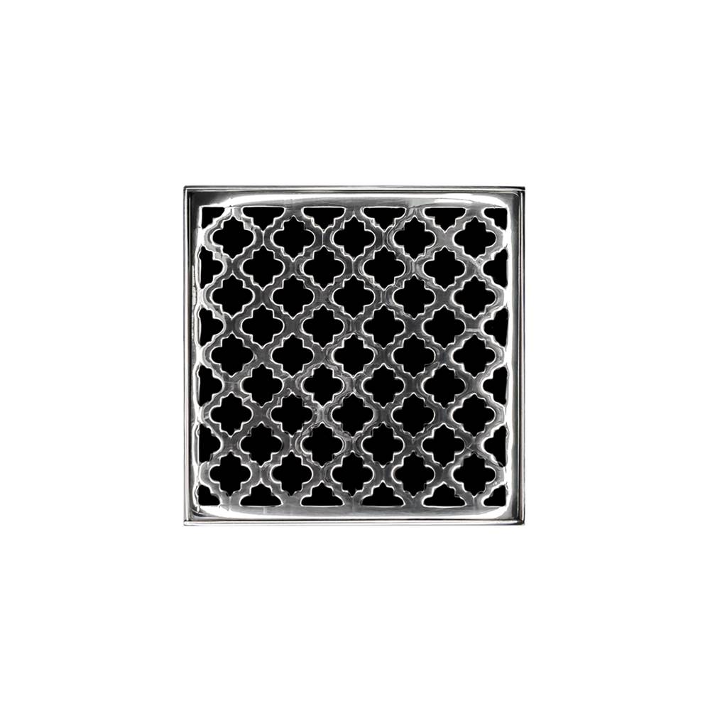 Infinity Drain 5'' x 5'' MDB 5 Complete Kit with Moor Pattern Decorative Plate in Polished Stainless with PVC Bonded Flange Drain Body, 2'', 3'' and 4'' Outlet