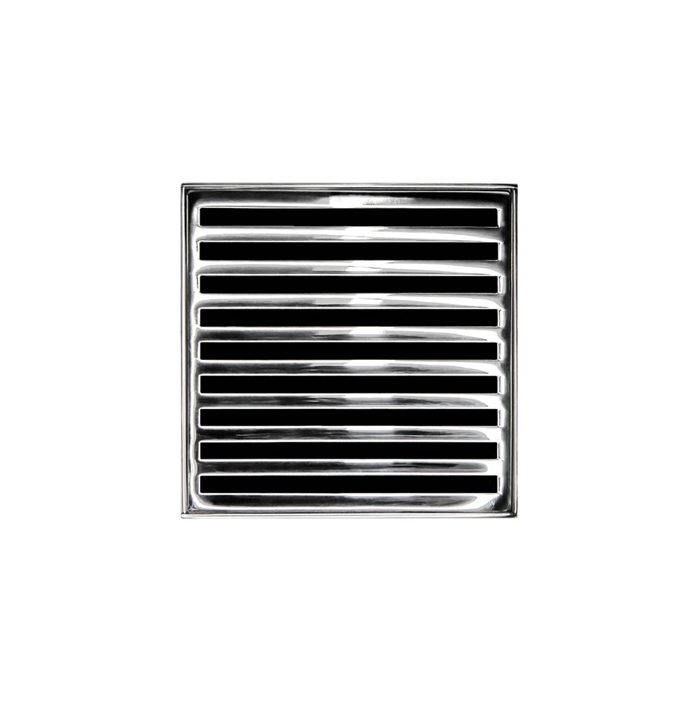 Infinity Drain 4'' x 4'' ND 4 Complete Kit with Lines Pattern Decorative Plate in Polished Stainless with PVC Drain Body, 2'' Outlet