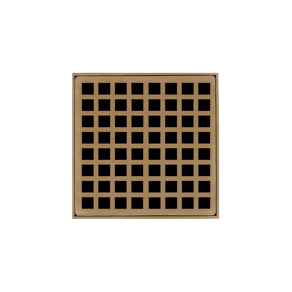 Infinity Drain 5'' x 5'' QDB 5 Complete Kit with Squares Pattern Decorative Plate in Satin Bronze with ABS Bonded Flange Drain Body, 2'', 3'' and 4'' Outlet