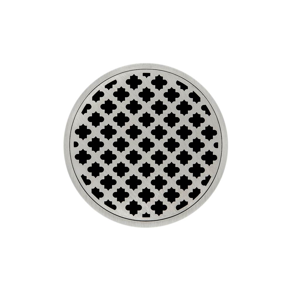 Infinity Drain 5'' Round RMDB 5 Complete Kit with Moor Pattern Decorative Plate in Satin Stainless with ABS Bonded Flange Drain Body, 2'', 3'' and 4'' Outlet