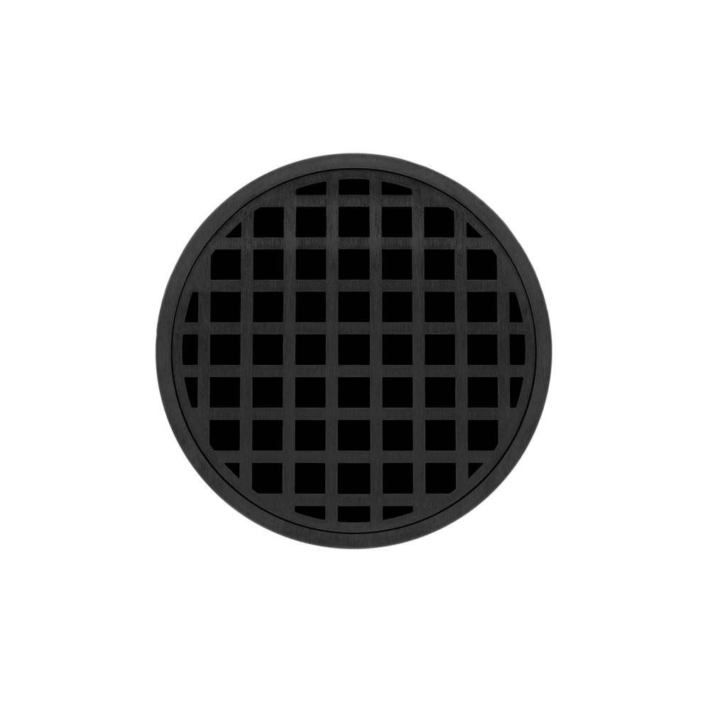 Infinity Drain 5'' Round RQDB 5 Complete Kit with Squares Pattern Decorative Plate in Matte Black with PVC Bonded Flange Drain Body, 2'', 3'' and 4'' Outlet