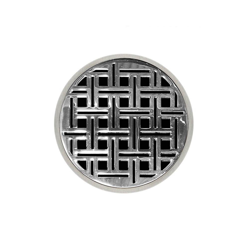 Infinity Drain 5'' Round RVD 5 Complete Kit with Weave Pattern Decorative Plate in Polished Stainless with Cast Iron Drain Body, 2'' Outlet