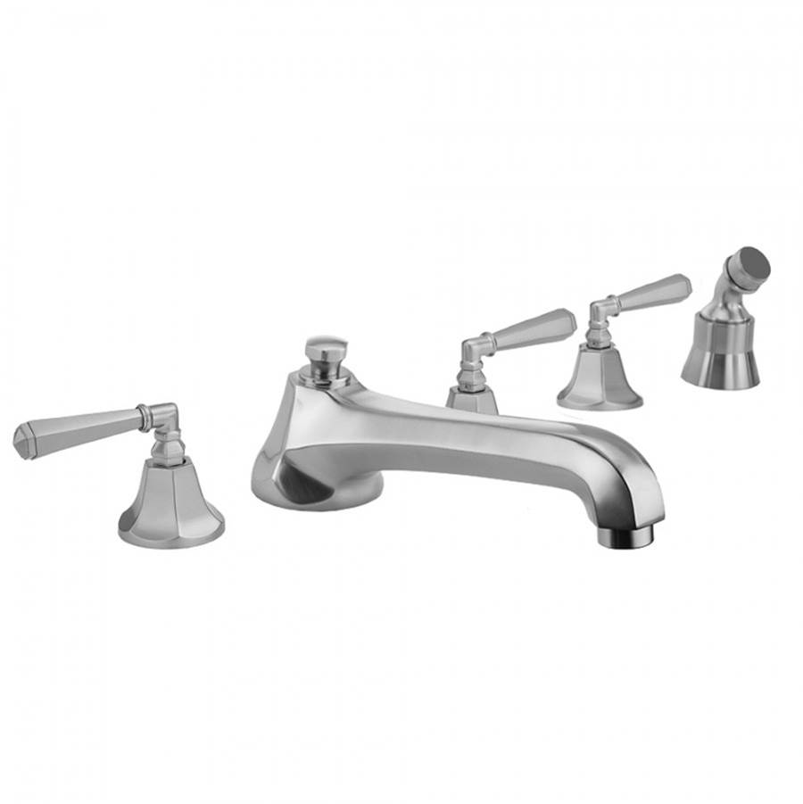 Jaclo Astor Roman Tub Set with Low Spout and Hex Lever Handles and Angled Handshower Mount
