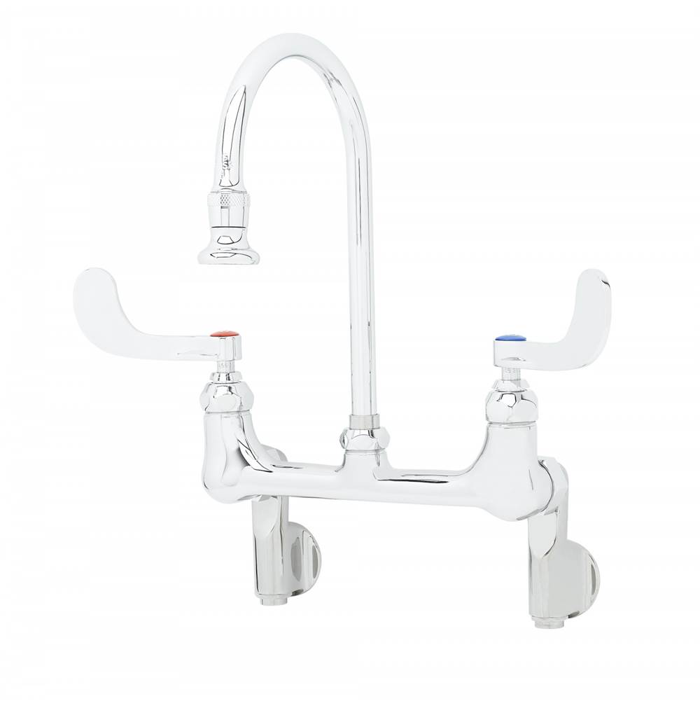 T&S Brass Wall Mount Faucet, Adjustable Centers, S/R Gooseneck, 2.2 GPM Rosespray, Built-In Stops