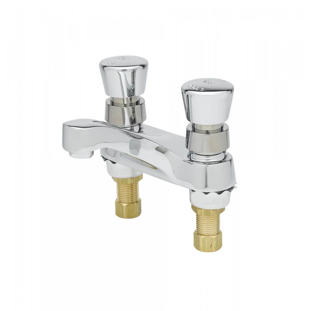 T&S Brass Metering Faucet, Deck Mount, 4'' Centers, Aerator, Push Button Handles, 1.5 GPM Aerator