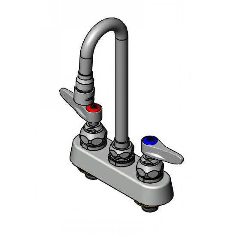 T&S Brass Workboard Faucet, 4'' Deck Mount, Lever Handles, Swivel Gooseneck, 1.0 GPM VR Aerator