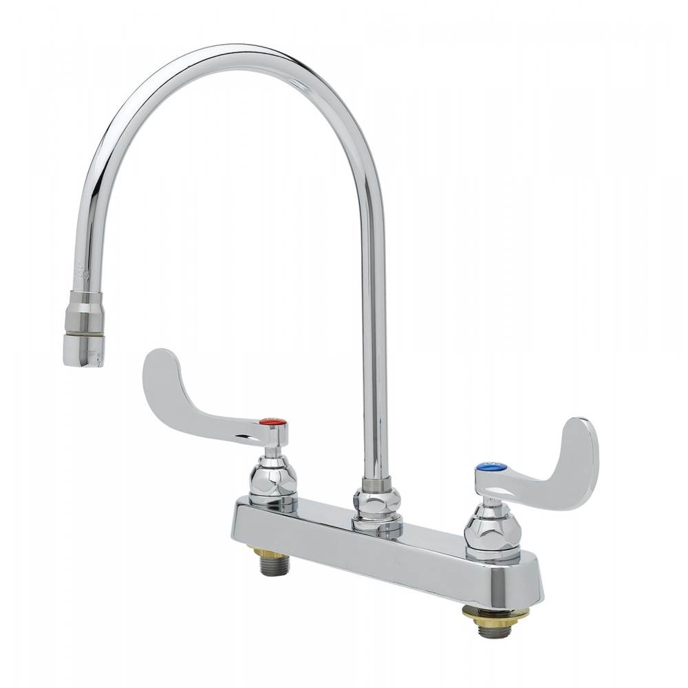 T&S Brass Workboard Faucet, 8'' Deck Mount, 135X-A22 Swivel Gooseneck, 4'' Wrist-Action Handles
