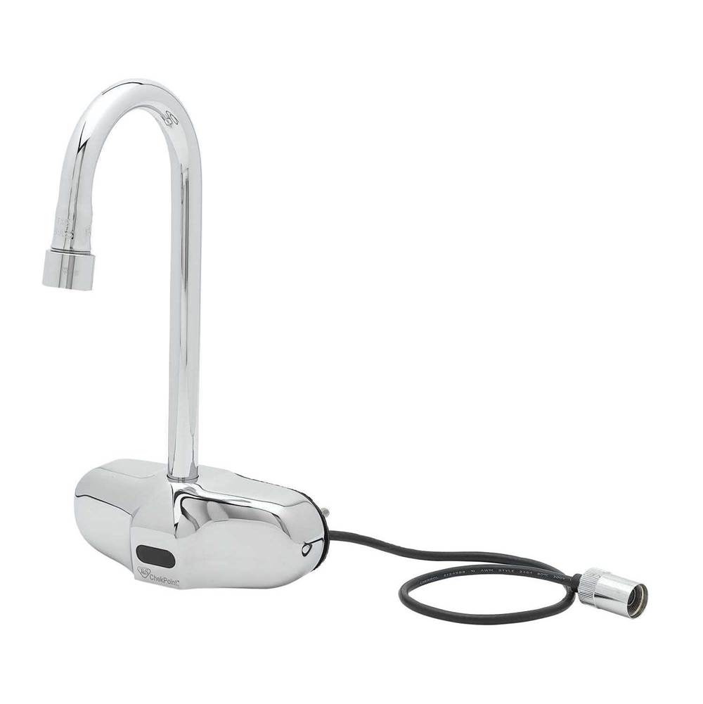 T&S Brass ChekPoint Electronic Faucet, 4'' Wall Mount, Gooseneck, 0.5 GPM VR Spray Device (Two-Hole Installation Design)
